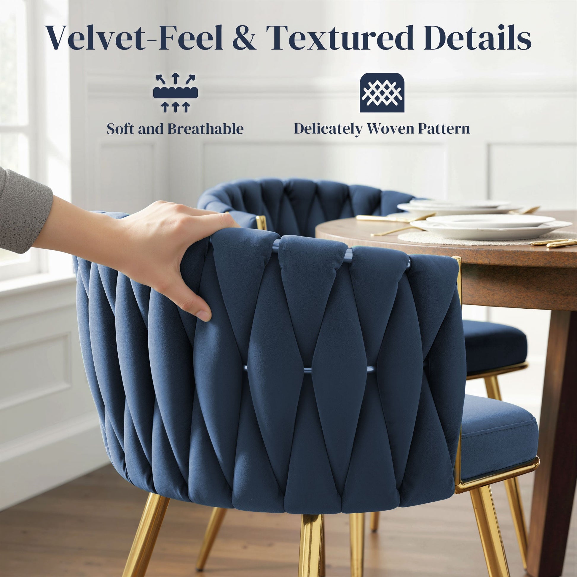 Velvet-Feel Dining Chairs Set of 2, Modern Upholstered Armchair with Knot Design and Golden Metal Legs, Accent Chair for Dining Room, Bedroom, Kitchen, Living Room, Dark Blue