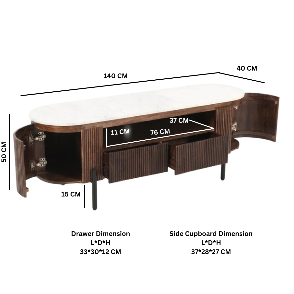 Opal Mango Wood Tv Cabinet With  Marble Top & Metal Legs