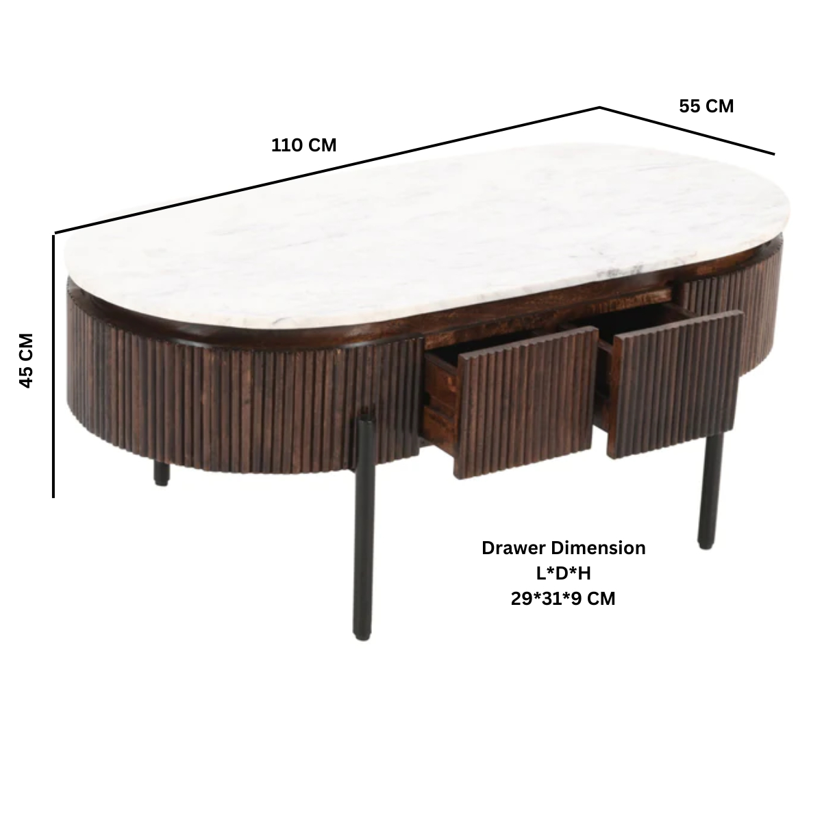 Opal Mango Wood Rectangular Fluted Coffee Table With Marble Top & Metal Legs