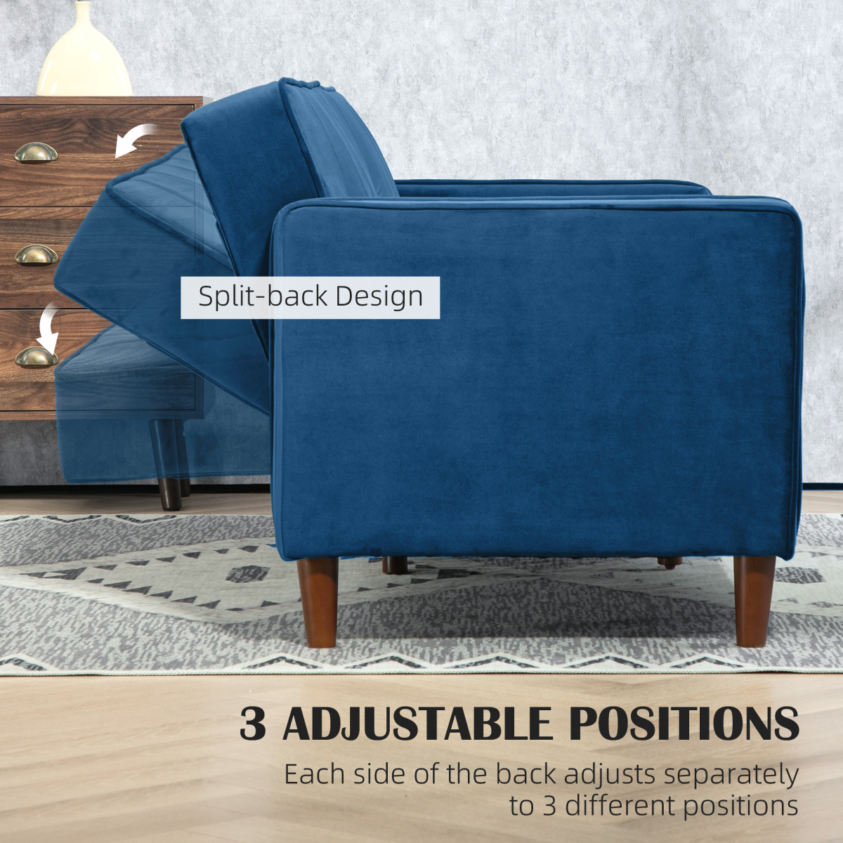 Convertible Sofa Futon Velvet-Touch Tufted Couch Sofa Bed Blue
