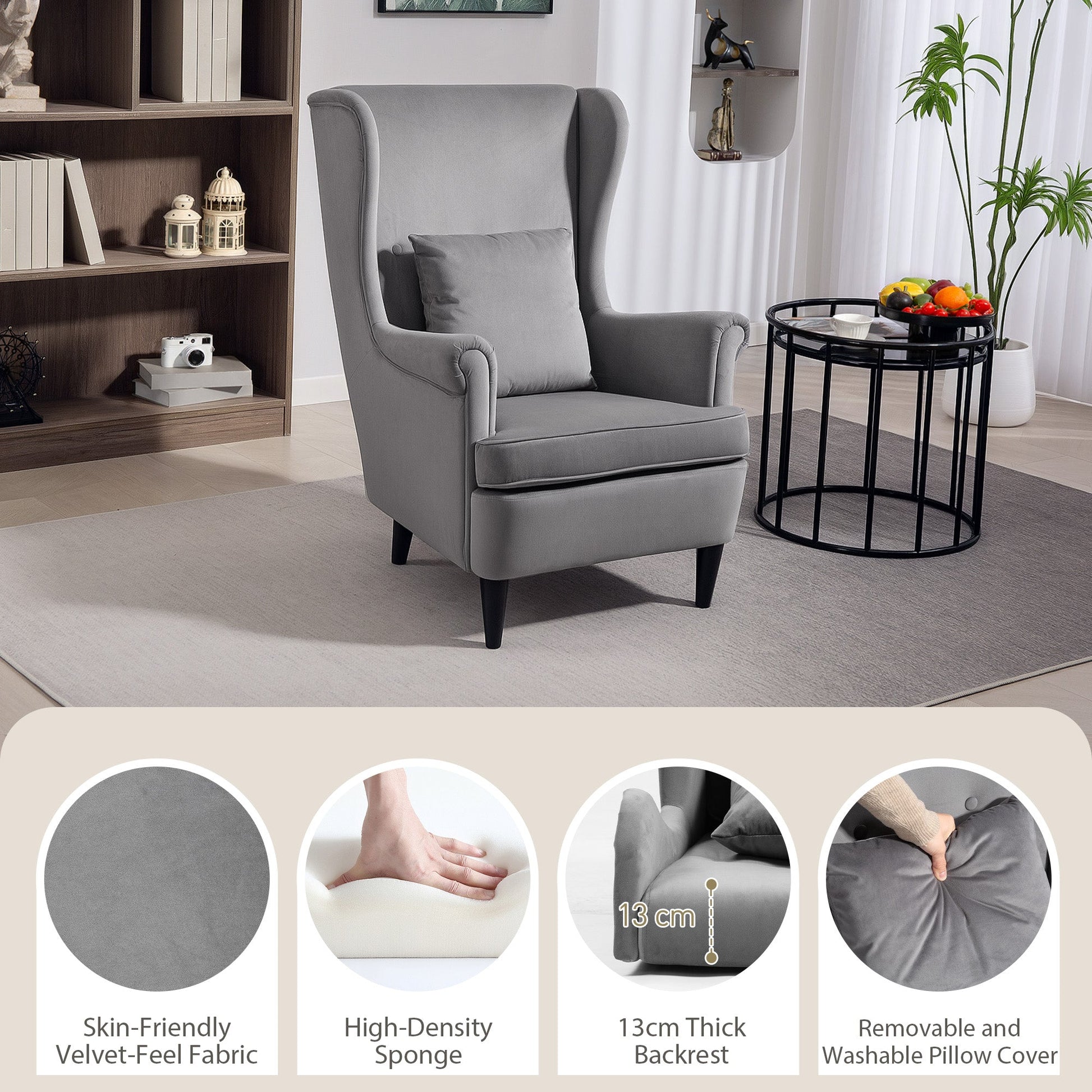 Modern Accent Chair, Upholstered Wingback Armchair with High Backrest and Pillow, Velvet-Feel Fabric Reading Chair with Solid Wood Legs for Living Room, Bedroom, Home Office, Dark Grey