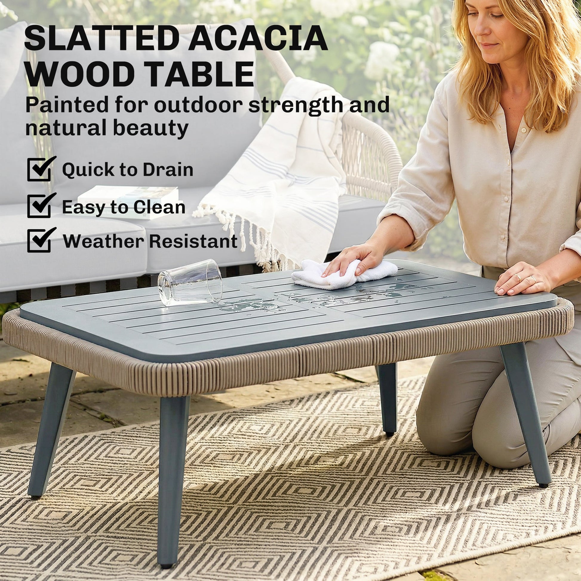 4 Piece Rattan Garden Furniture Set with Loveseat, Armchairs, Wood Table, Wicker Patio Conversation Set, Grey