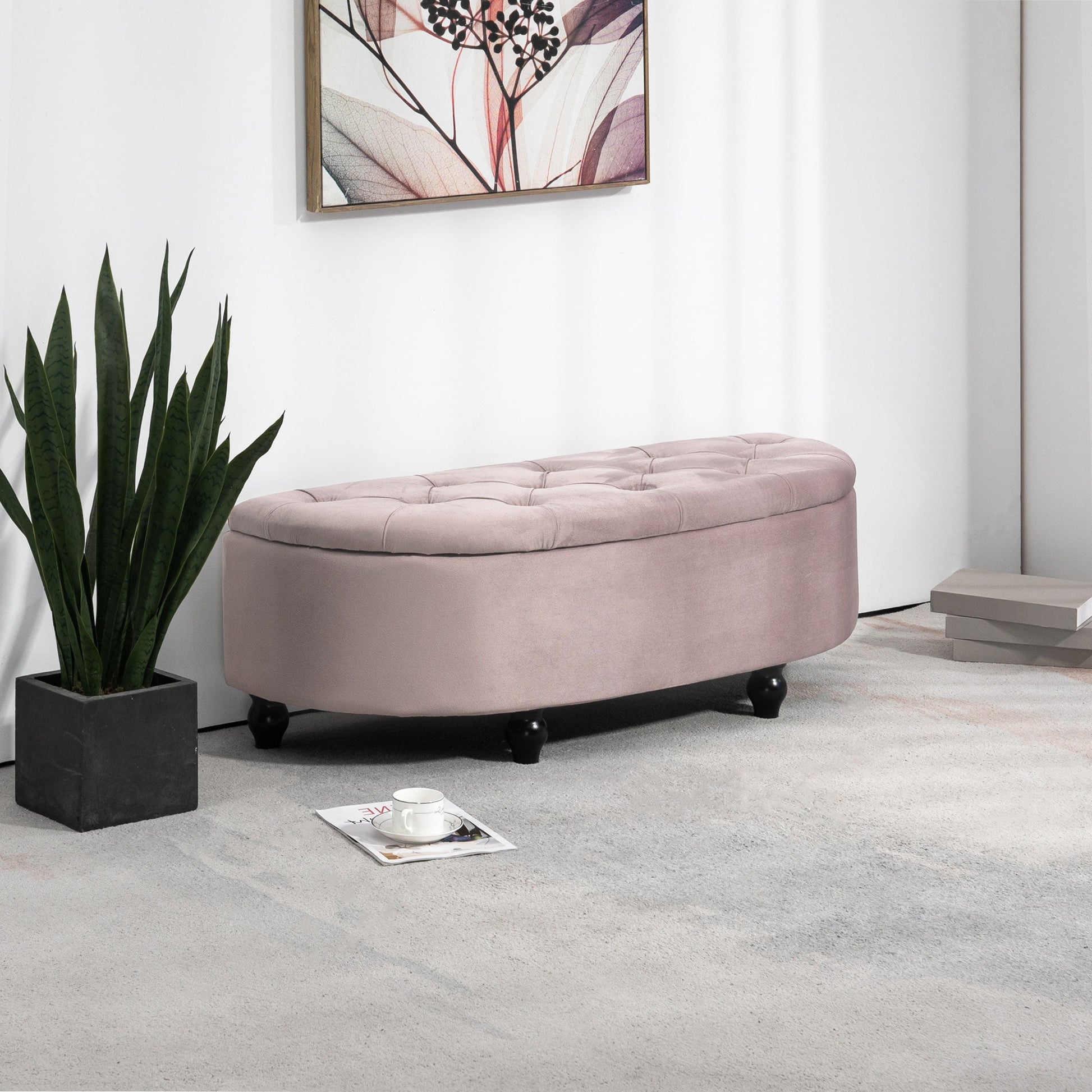 Semi-Circle Ottoman Storage Bench, Bed End Bench, Tufted Upholstered Window Seat Footrest Stool with Rubberwood Legs for Bedroom & Entryway, 120 x 46 x 42 cm, Pink
