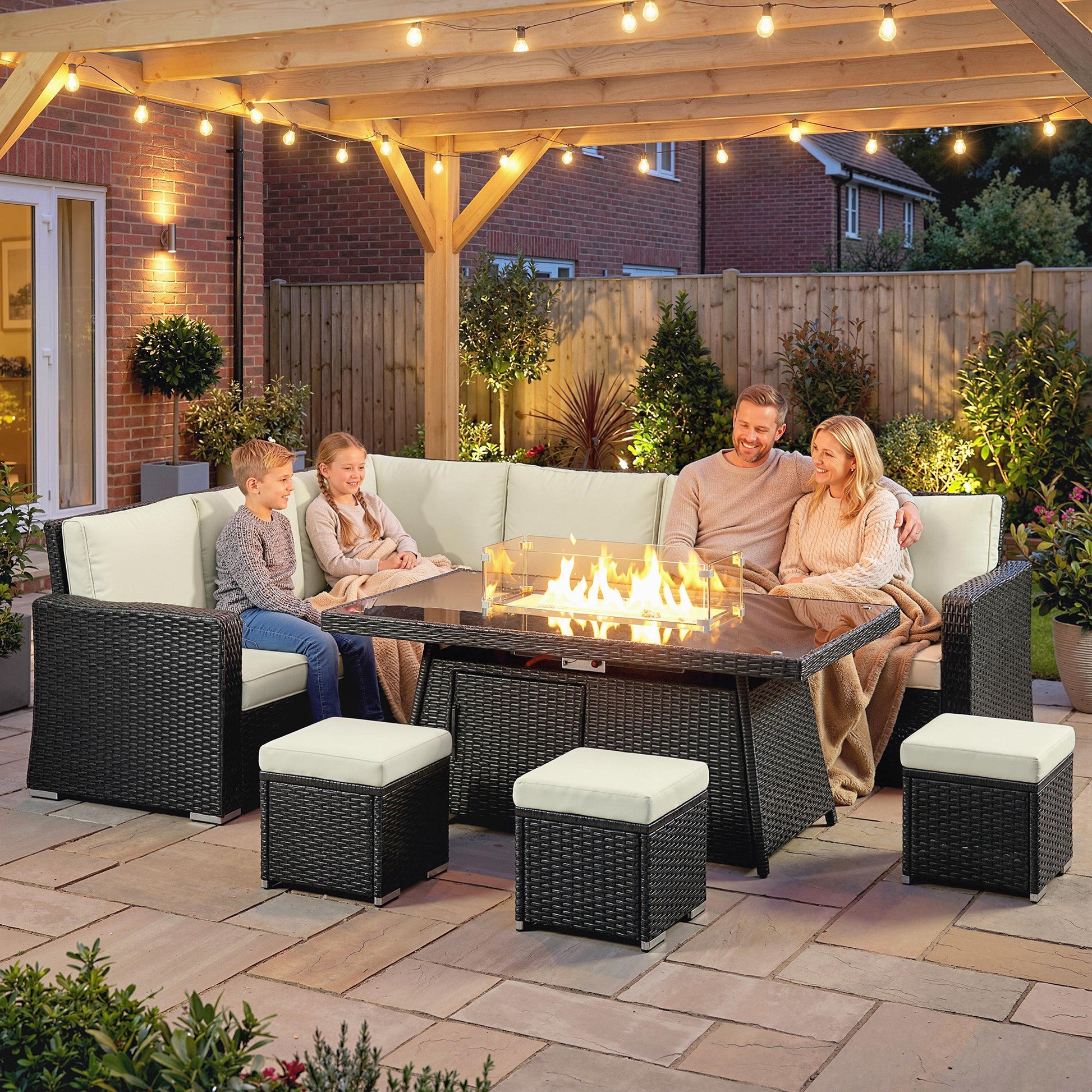 7 Pieces PE Rattan Garden Furniture Set, 50,000 BTU Gas Fire Pit Table, Double Corner Sofa and 3 Footstools