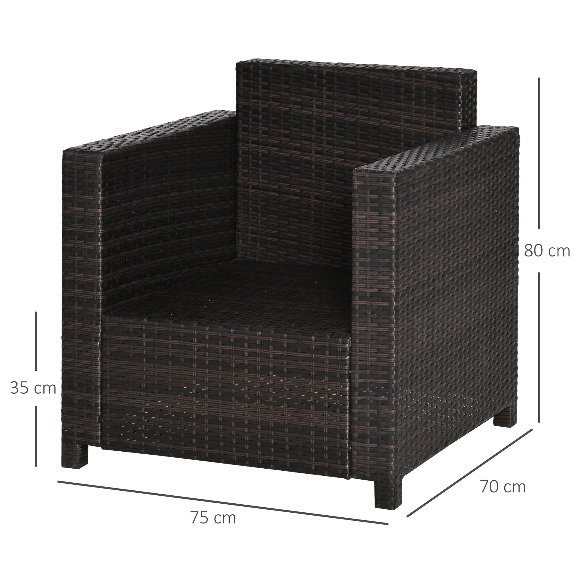 Single Seater Rattan Chair, PE Wicker Garden Armchair with 10 cm Thickened Cushion, All-Weather Rattan Garden Chair with Armrests, Brown