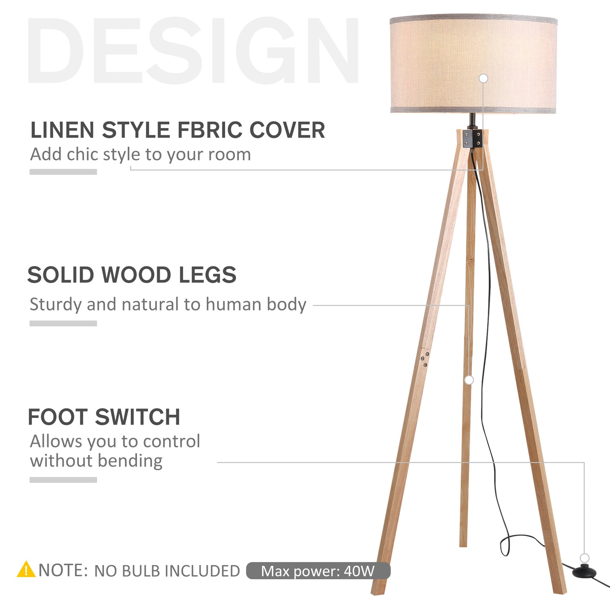 Floor Lamp with Elegant Wood Tripod, Free Standing E27 Bulb Lamp Versatile Use For Home Office - Beige