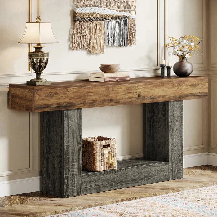 Distressed Wood Console Table 160cm - 2-Tier Sofa & Entry Table