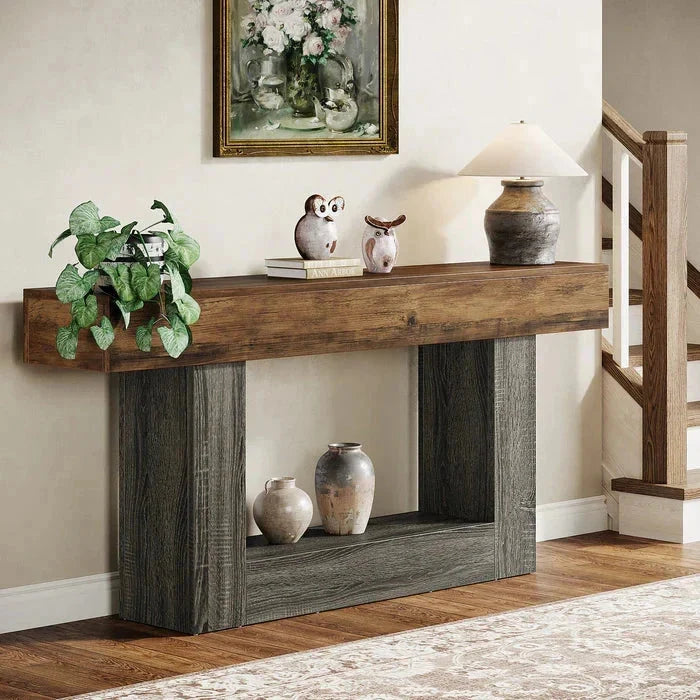 Distressed Wood Console Table 160cm - 2-Tier Sofa & Entry Table
