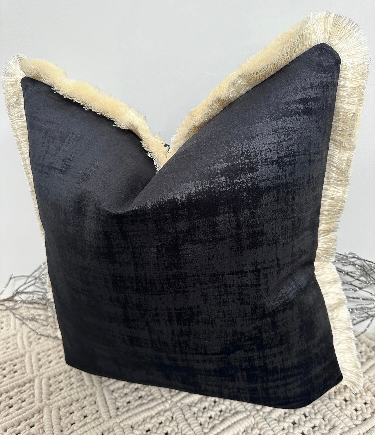 The Couture Cushion - The Black Dolce Fringed In Ivory - Style No. 134