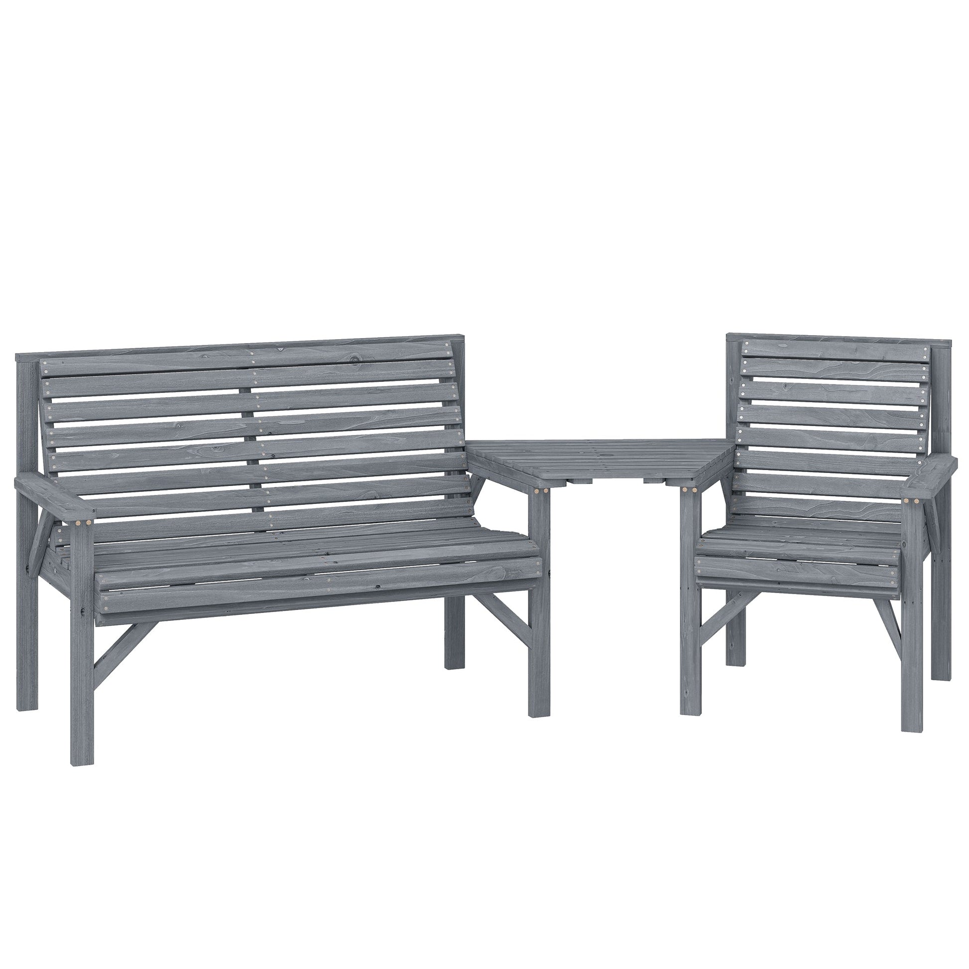 Wooden Garden Furniture Set with Parasol Hole, 1 Chair, 1 Bench and Detachable Table, Grey Embossed Finish