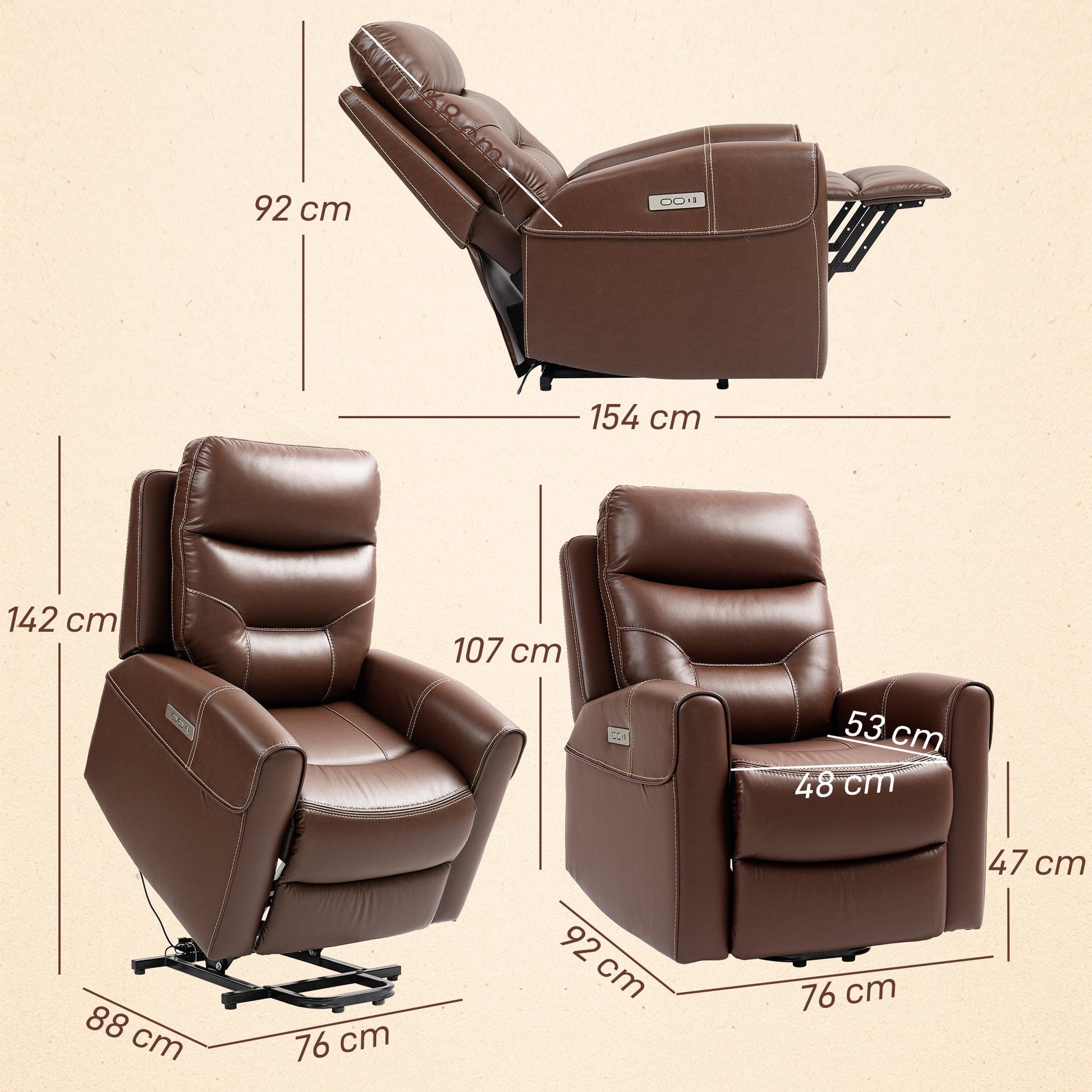 Power Lift Recliner Chair for Elderly, Overstuffed Faux Leather Riser and Reclining Chair with USB A+C Ports, Remote Control, Recliner Armchair for Living Room, Brown