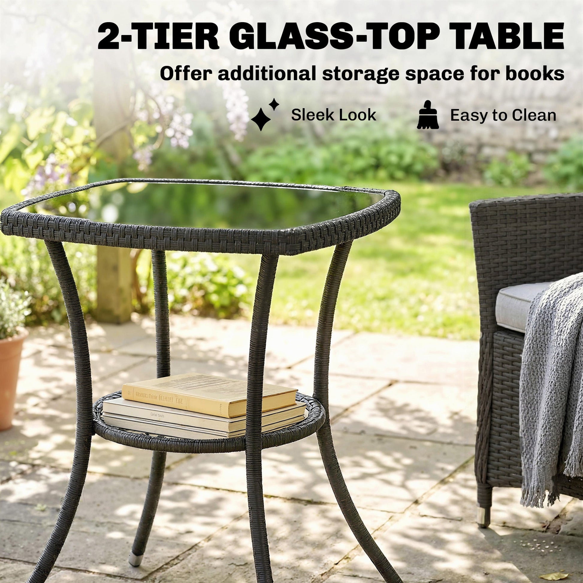 3 Piece Rattan Bistro Set, PE Wicker Garden Furniture Conversation Set with 2 Tier Glass-Top Table, Chairs, Cream White