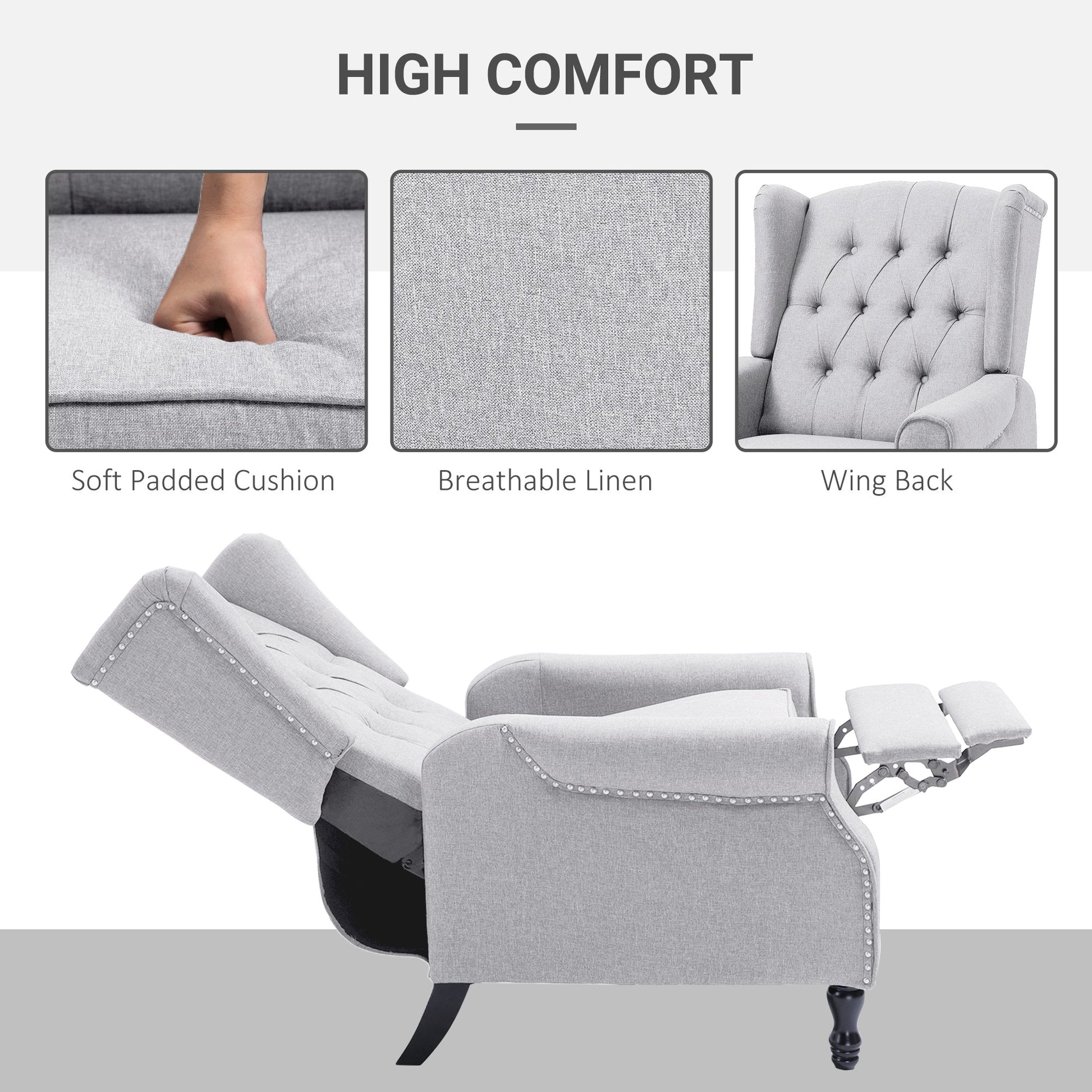Recliner Armchair, Vintage Reclining Chair with Nail Head Trim, Wingback Chair with Button Tufted Back and Footrest, for Living Room, Light Grey
