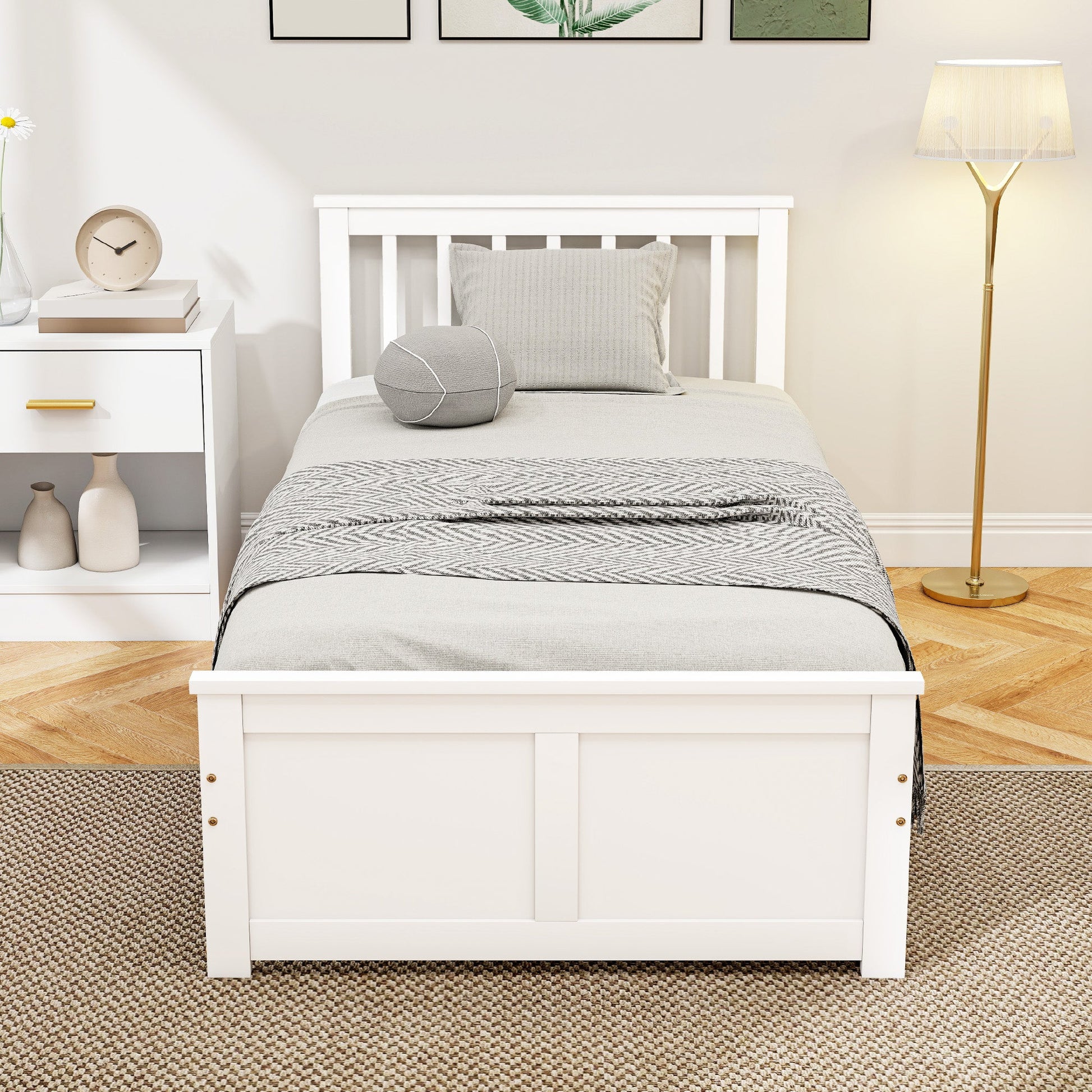 Wooden Single Bed Frame, with Drawers - White