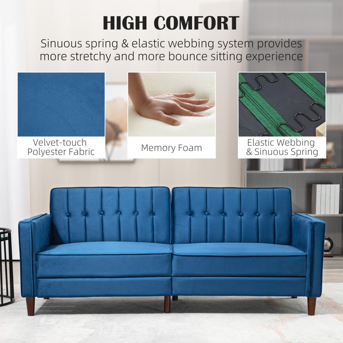 Convertible Sofa Futon Velvet-Touch Tufted Couch Sofa Bed Blue