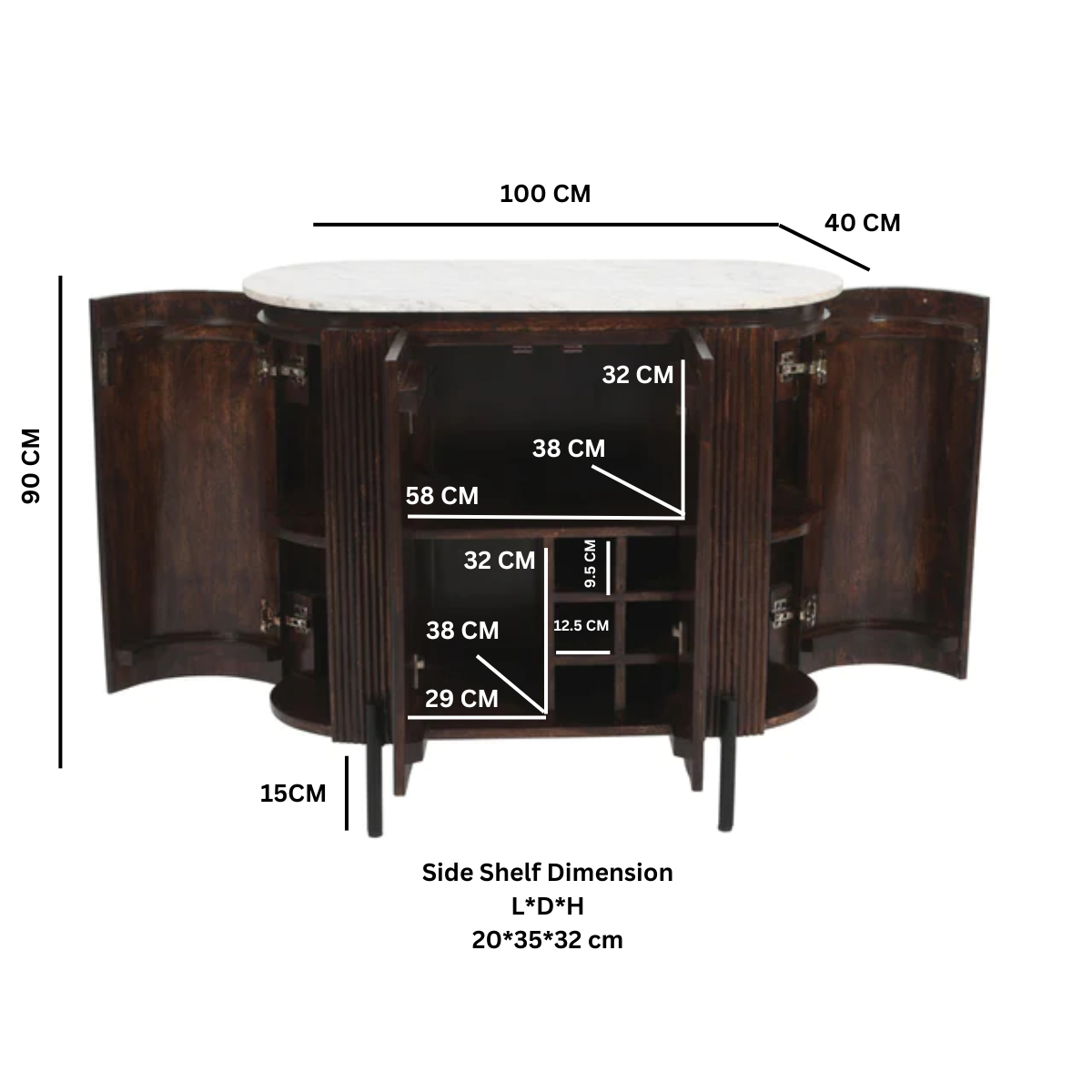 Opal Solid Wood Sideboard/Drinks Cabinet With Marble Top & Metal Legs