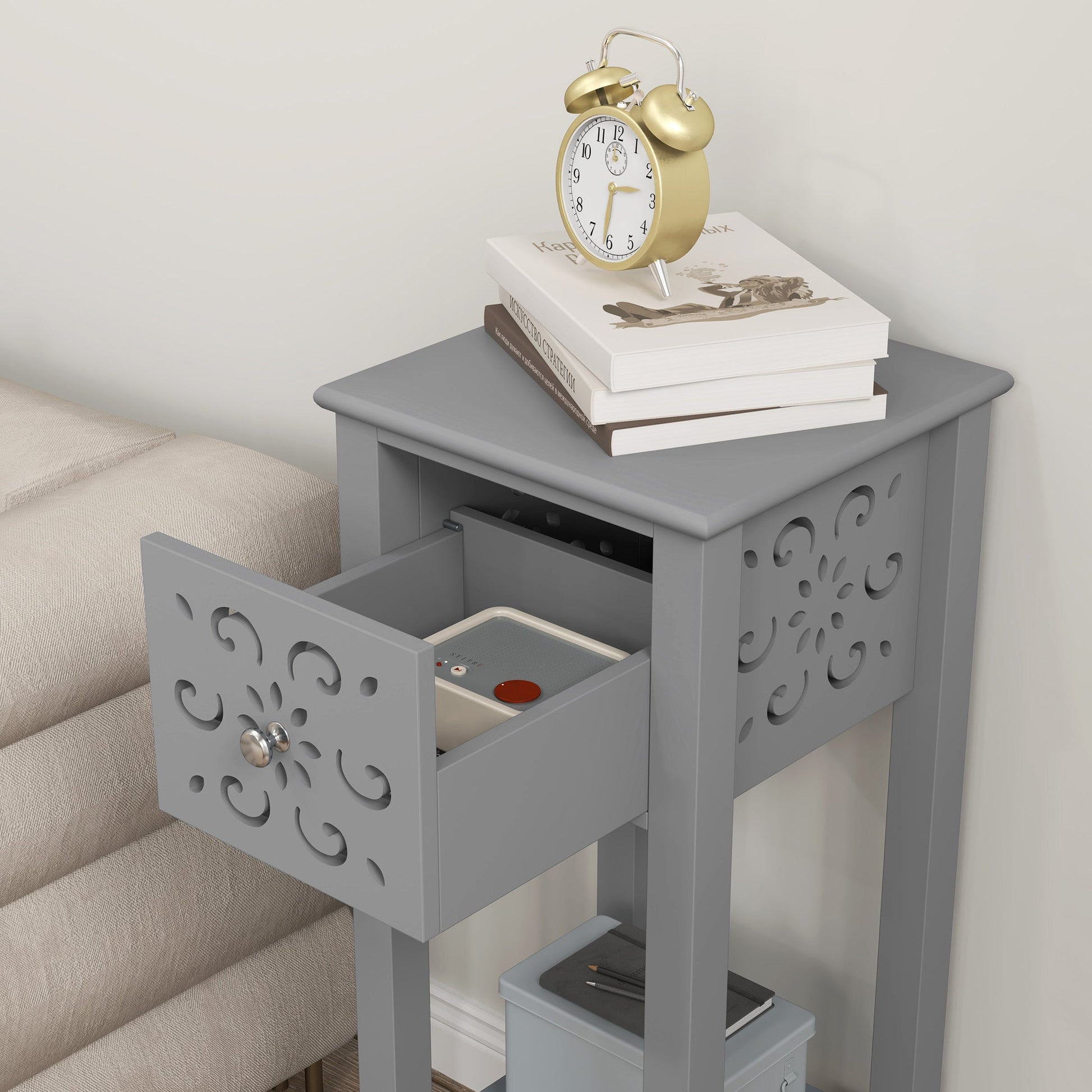 Set of Two Elegant Floral Cut-Out Side Tables - Grey