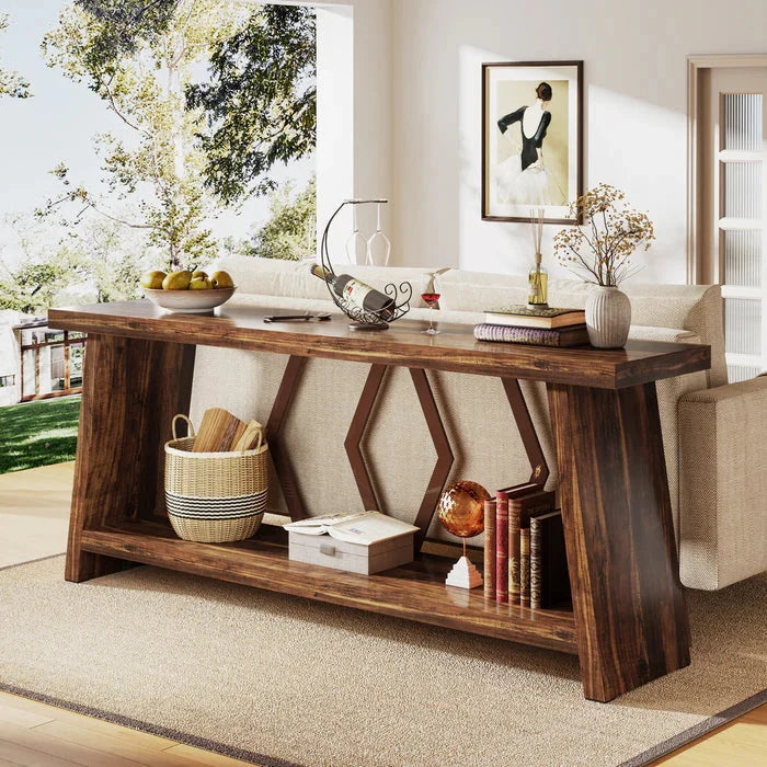 180cm Rustic Walnut Console Table - Entryway & Sofa Table with Geometric Accents