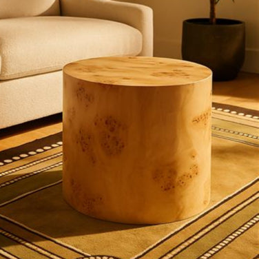 Natural Burl Wood Round Side Table with Drum Shape Design | Mota