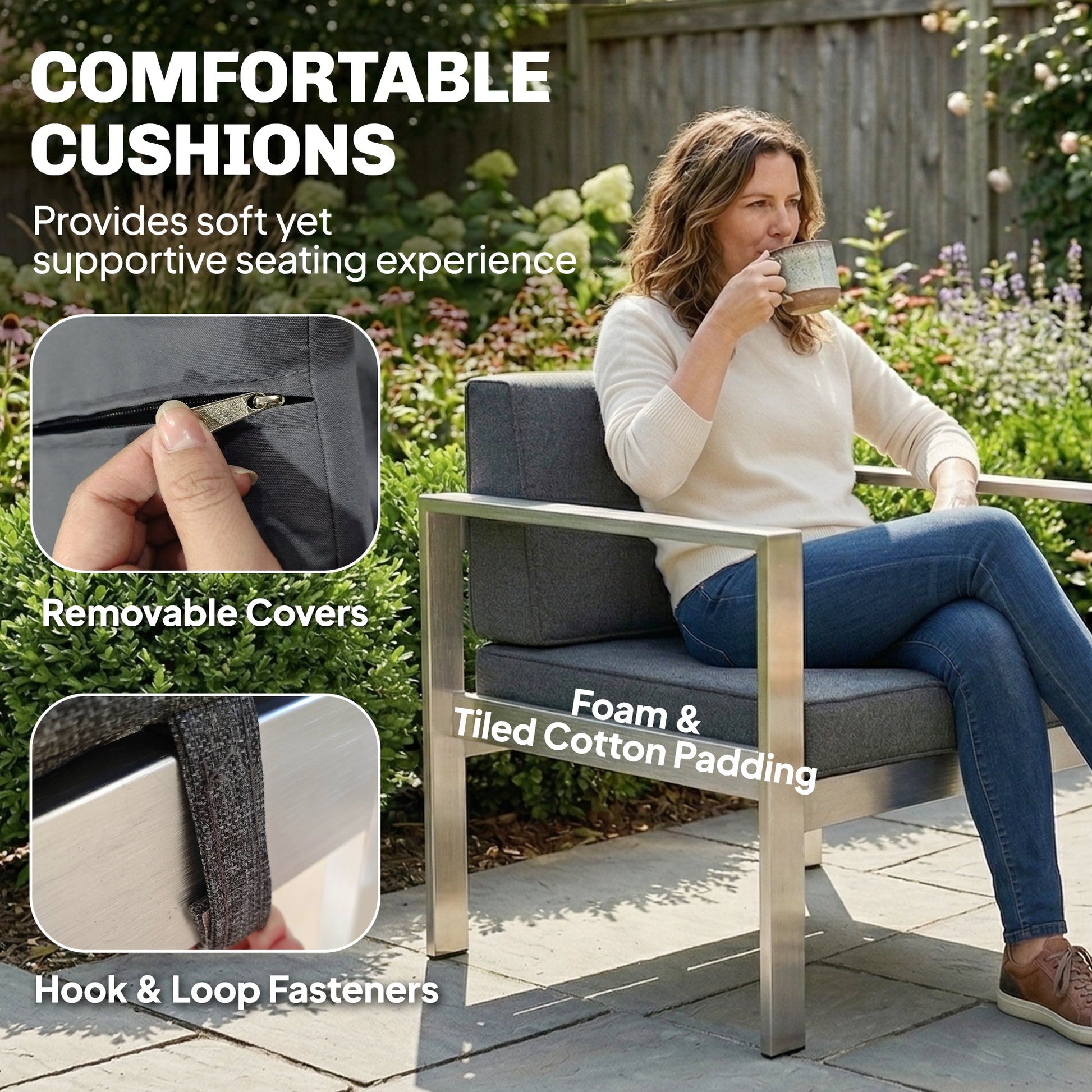 4 Seater Garden Furniture Set, Extra Wide Deep Garden Sofa Set with Olefin Cushions, Brushed Aluminium Frame, Dark Grey