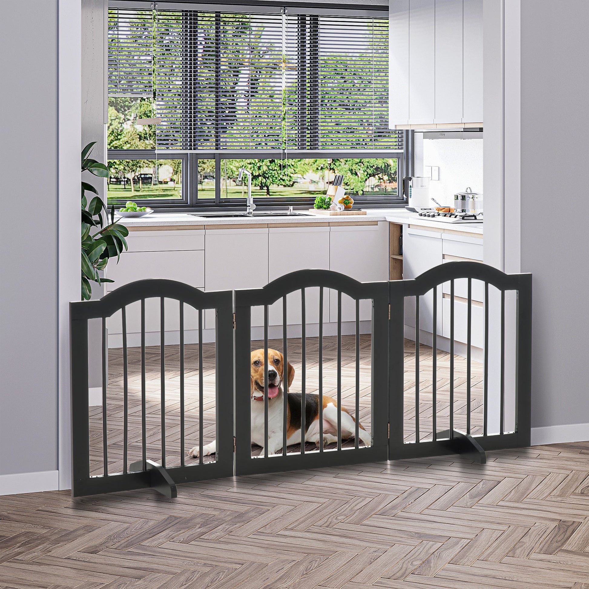 Freestanding Pet Gate Wooden Dog Gate with Support Feet Foldable Pet Fence Safety Barrier for the House Doorway Stairs Black