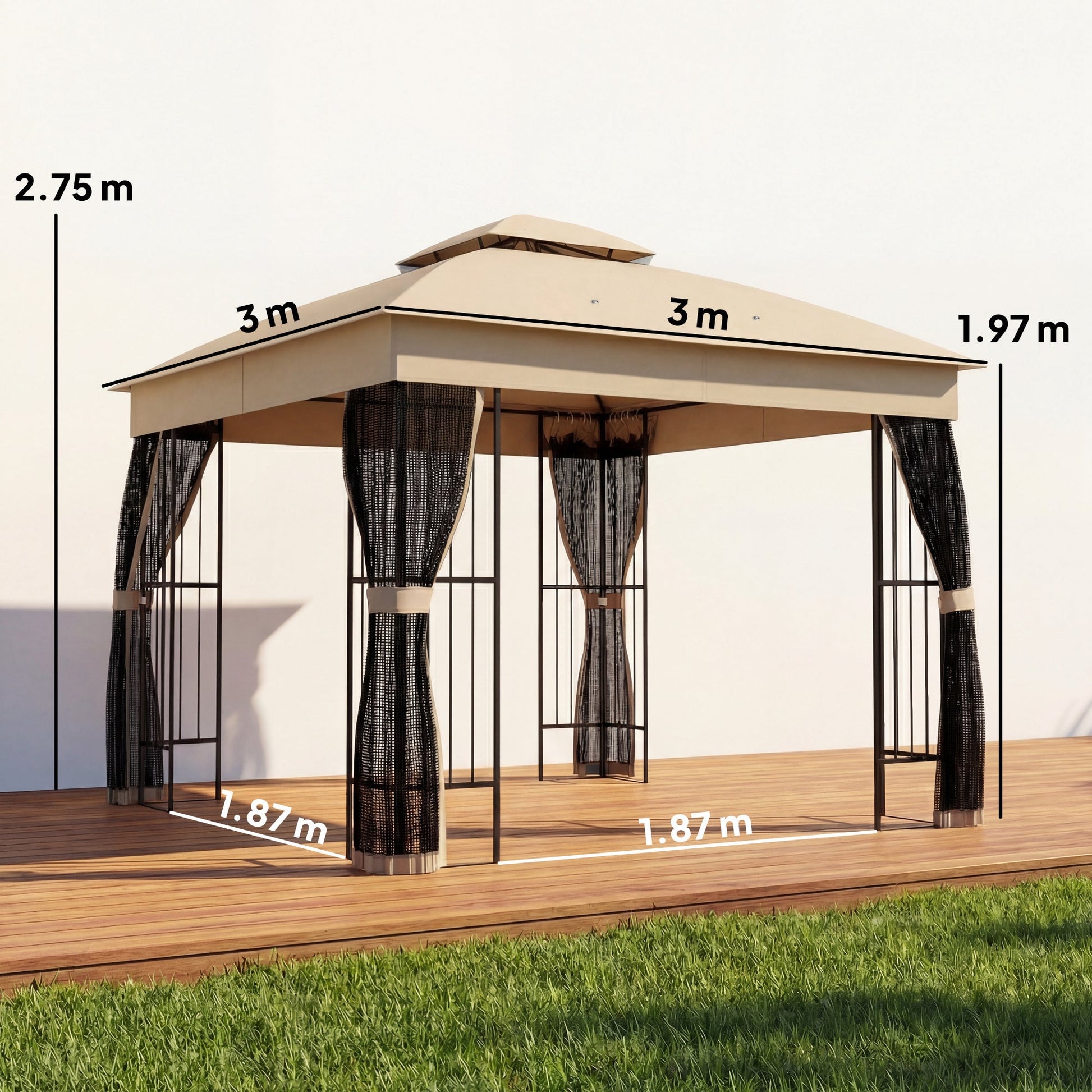 3 x 3 m Outdoor Garden Gazebo with Post Shelves, UPF50+ Double Roof Patio Permanent Pavilion, Brown