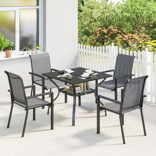 5 Pieces Outdoor Dining Set for 4, Garden Table and Stackable Chairs with Breathable Mesh Seat and Parasol Hole, Grey