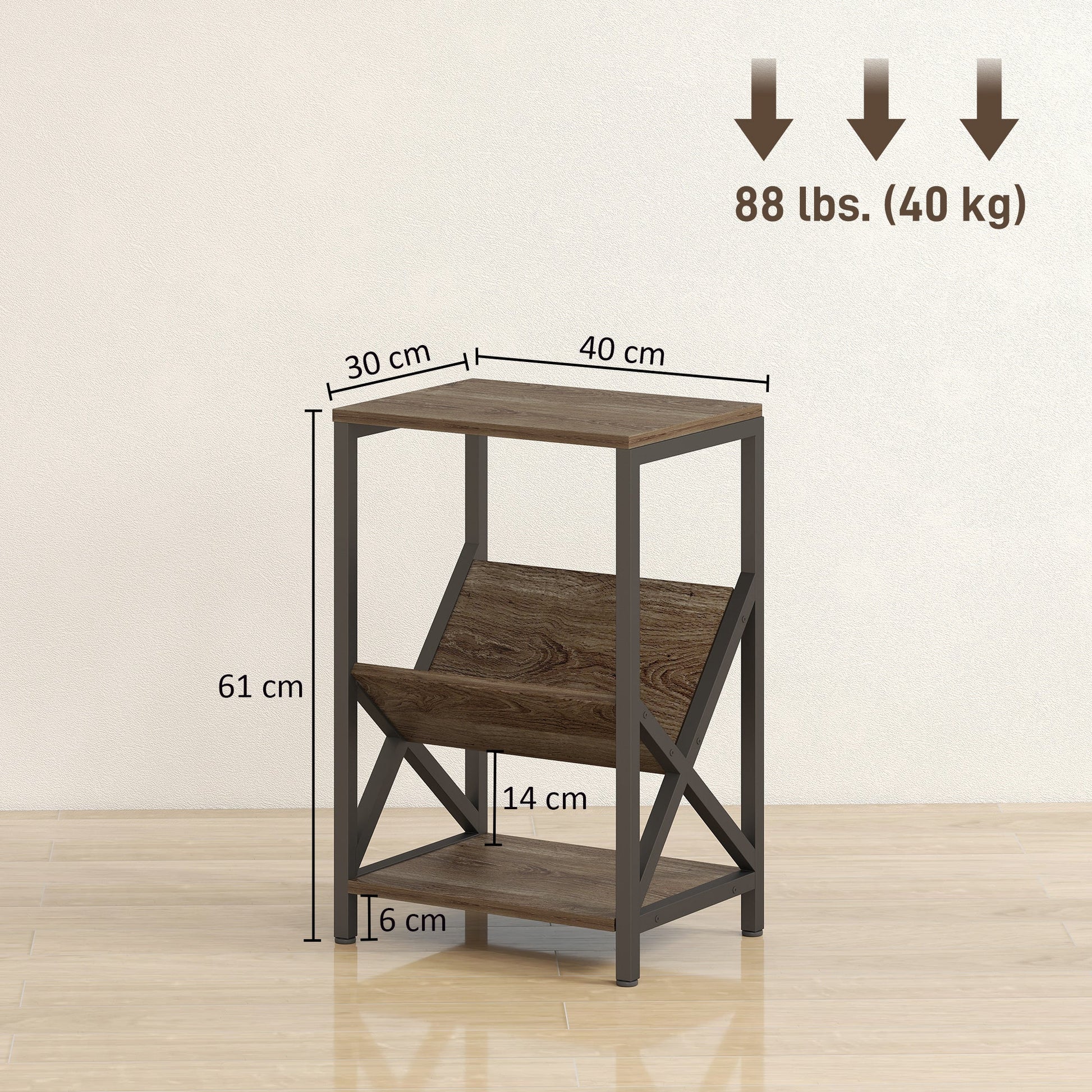 Narrow Side Table, End Table with 3-Tier Storage, V-Shaped Magazine Holder for Living Room, Bedroom, 40 x 30 x 61cm, Oak