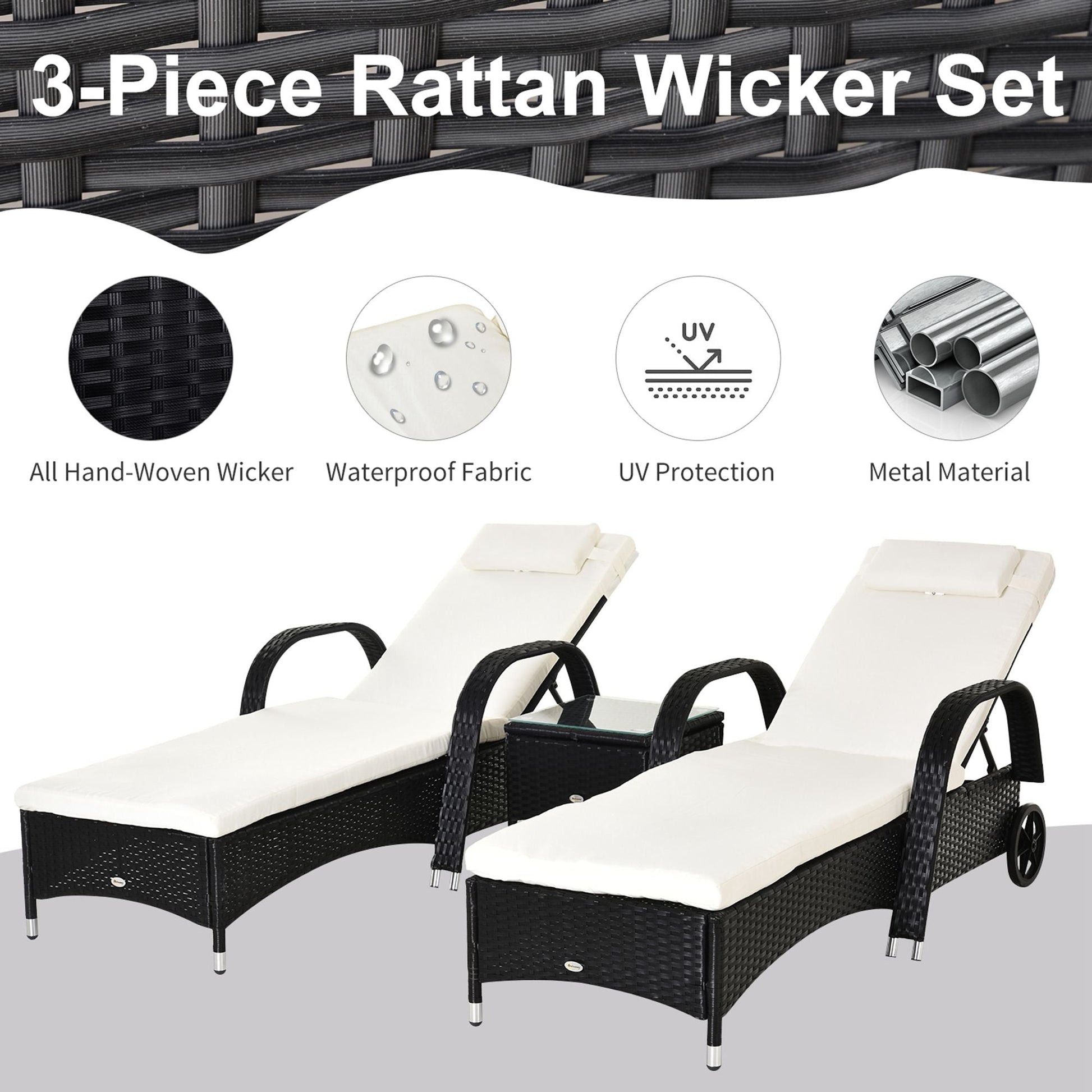 2 Seater Rattan Sun Lounger Set with Side Table Black