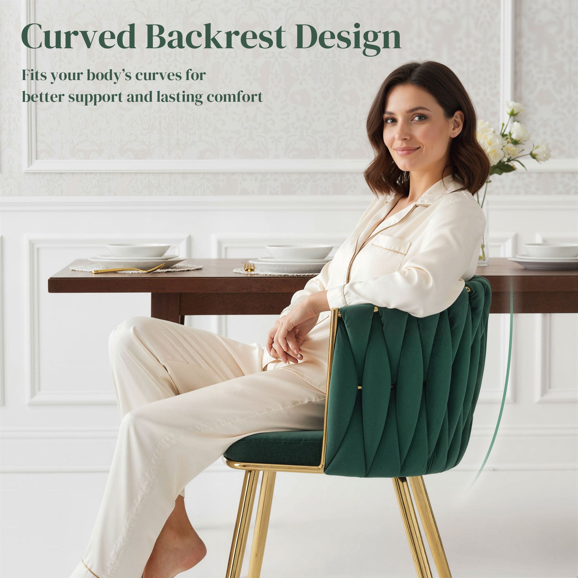 Velvet-Feel Dining Chairs Set of 2, Modern Upholstered Armchair with Knot Design and Golden Metal Legs, Accent Chair for Dining Room, Bedroom, Kitchen, Living Room, Dark Green