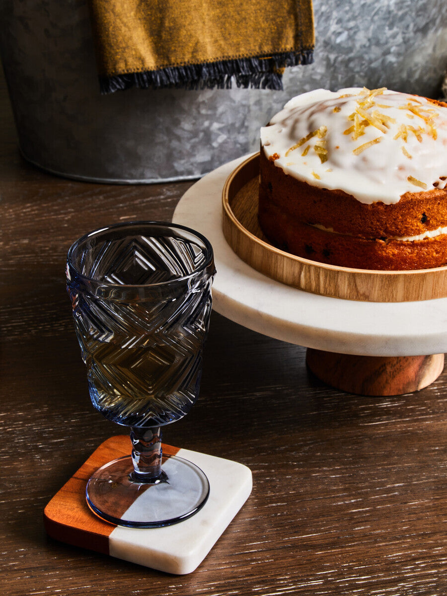 Round White Marble and Acacia Wood Cake Stand | Monzaro