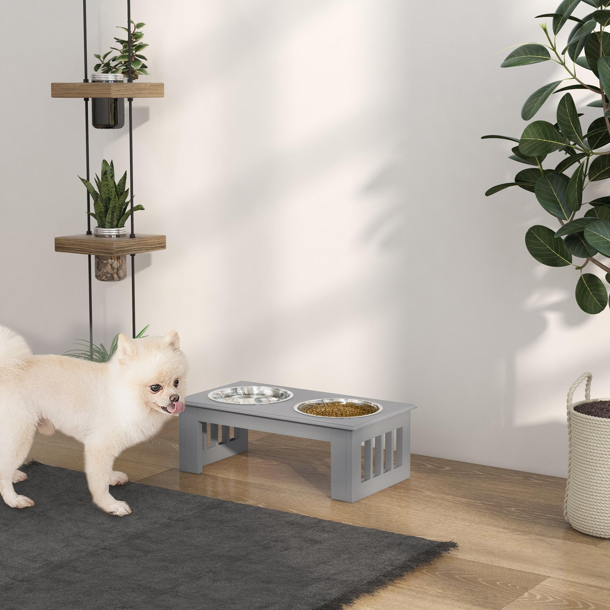 Raised Dog Feeding Bowls with Stand, Stainless Steel for  Extra Small and Small Dog, 44L x 24W x 15H cm - Grey