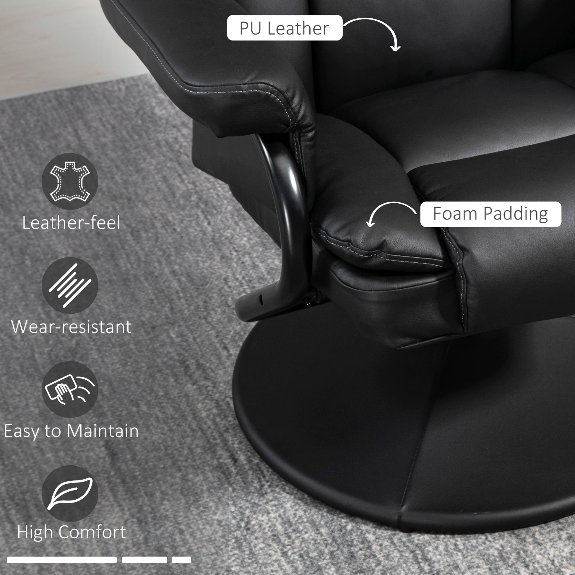 Swivel Recliner Chair with Footstool, PU Leather Recliner Armchair with Ottoman, Steel Base, Upholstered Reclining Chair for Living Room, Bedroom, Office, Black