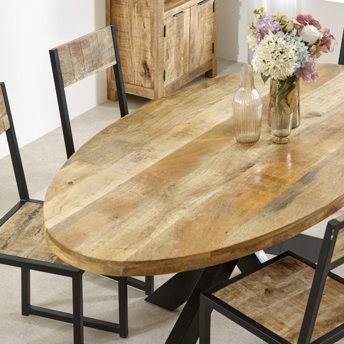 Solid Wood & Metal Oval Dining Table 6-8 Seater