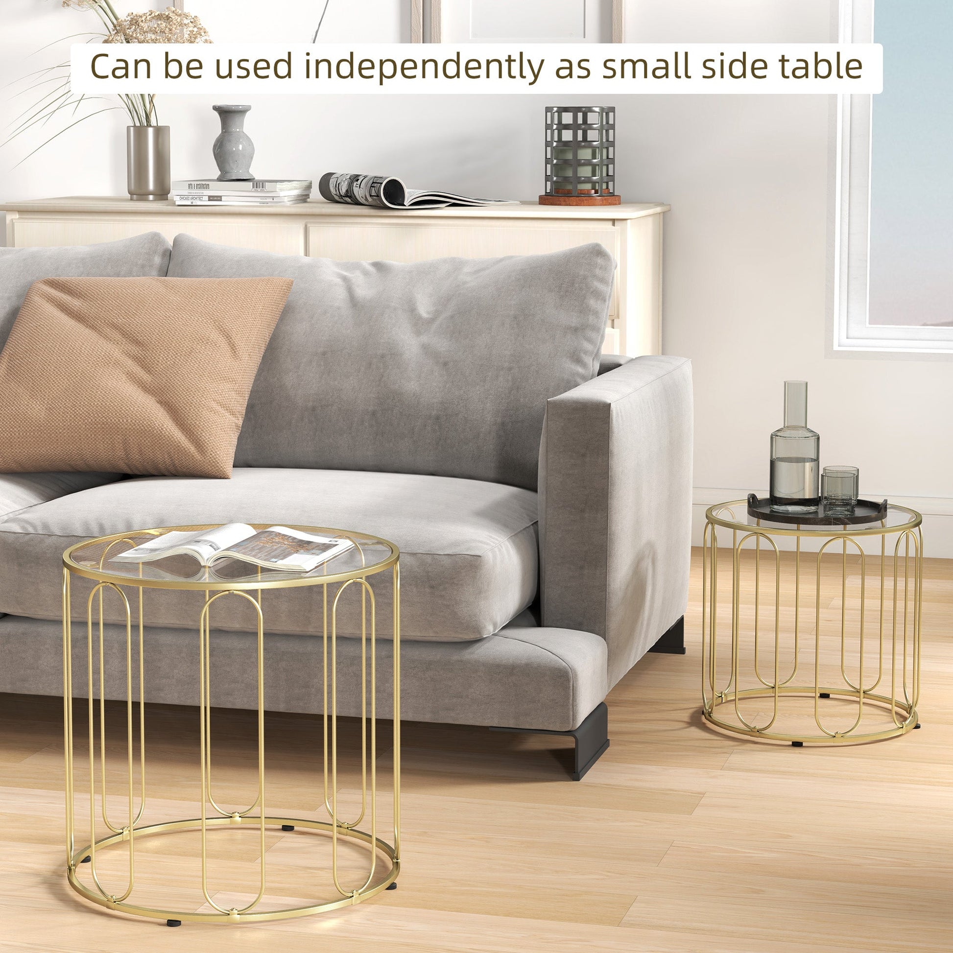 Round Coffee Table Set of 2, Glass Nest of Tables with Metal Frame and Tempered Glass Tabletop, Modern Side Tables for Living Room, Gold Tone