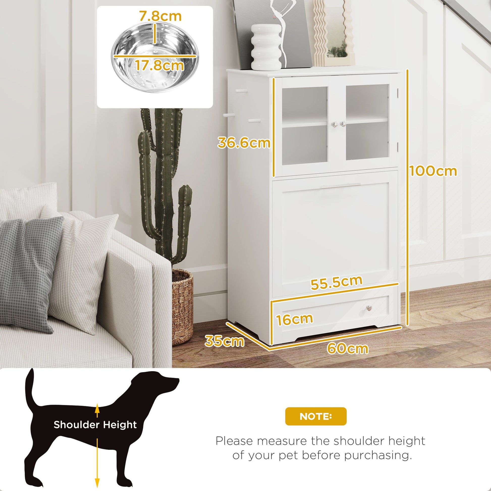 PawHut Dog Feeding Station with 2 Storage Cabinets, 2 Elevated Bowls, Side Hooks, Anti-tip Kit for Water and Feeding Supplies