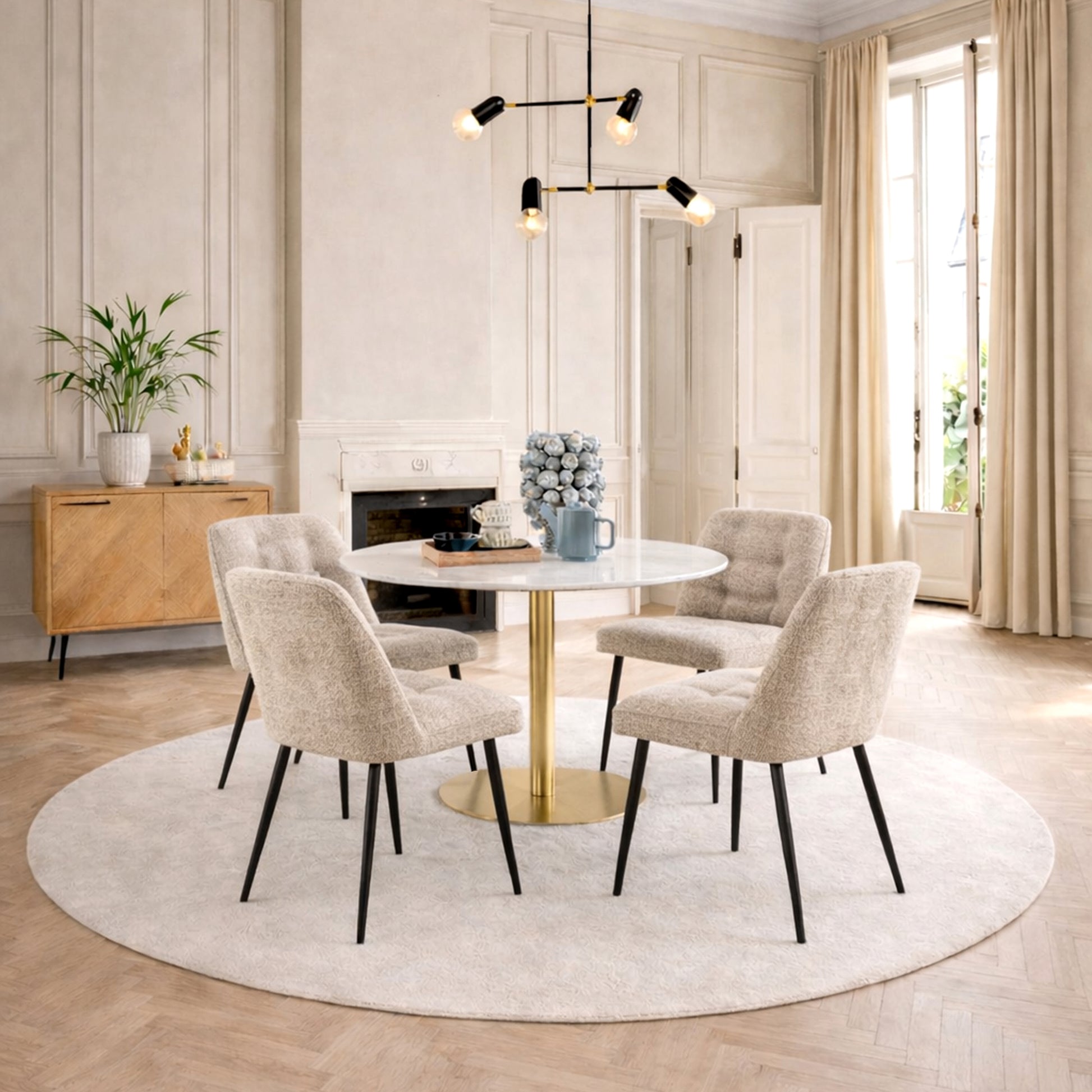 Corby Round Dining Table with White Polished Marble Top & Gold Base inc 4 Brooke Dining Chairs in Beige