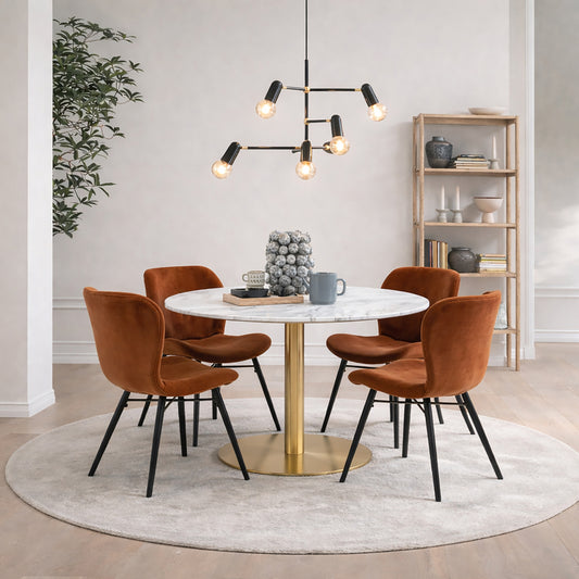 Corby Round Dining Table with White Polished Marble Top & Gold Base inc 4 Batilda Dining Chairs in Copper