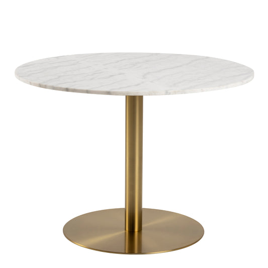 Corby Round Dining Table with White Polished Marble Top & Gold Base inc 4 Batilda Dining Chairs in Copper
