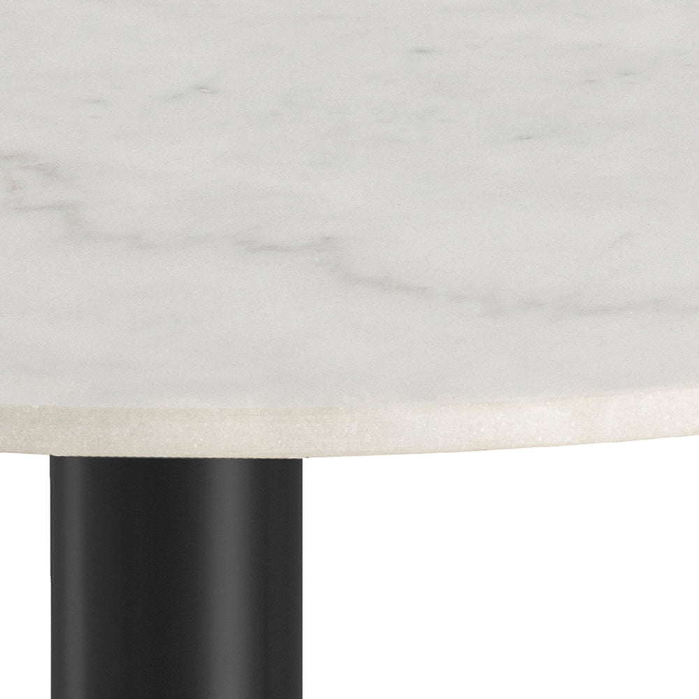 Corby Round Dining Table with White Polished Marble Top & Black Base includes 4 Batilda Dining Chairs in Grey/Oak