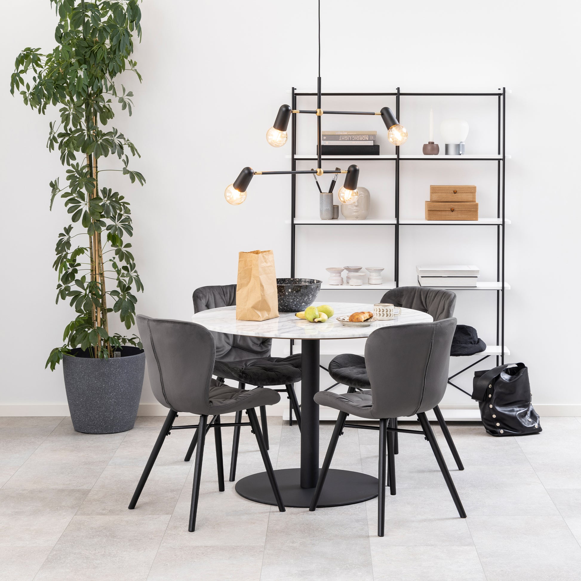 Corby Round Dining Table with White Polished Marble Top & Black Base includes 4 Batilda Dining Chairs in Cream/Oak