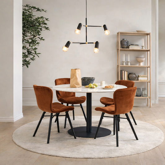 Corby Round Dining Table with White Polished Marble Top & Black Base includes 4 Batilda Dining Chairs in Copper
