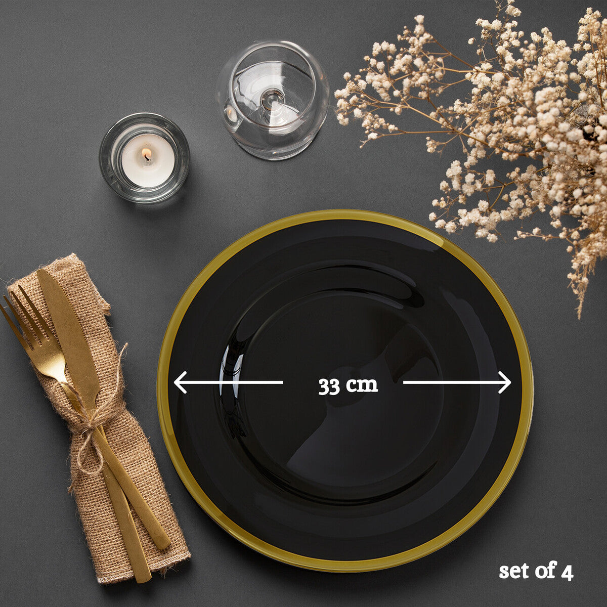 Set of Four Ida 33cm Dia Black Glass Charger Plates | Ida