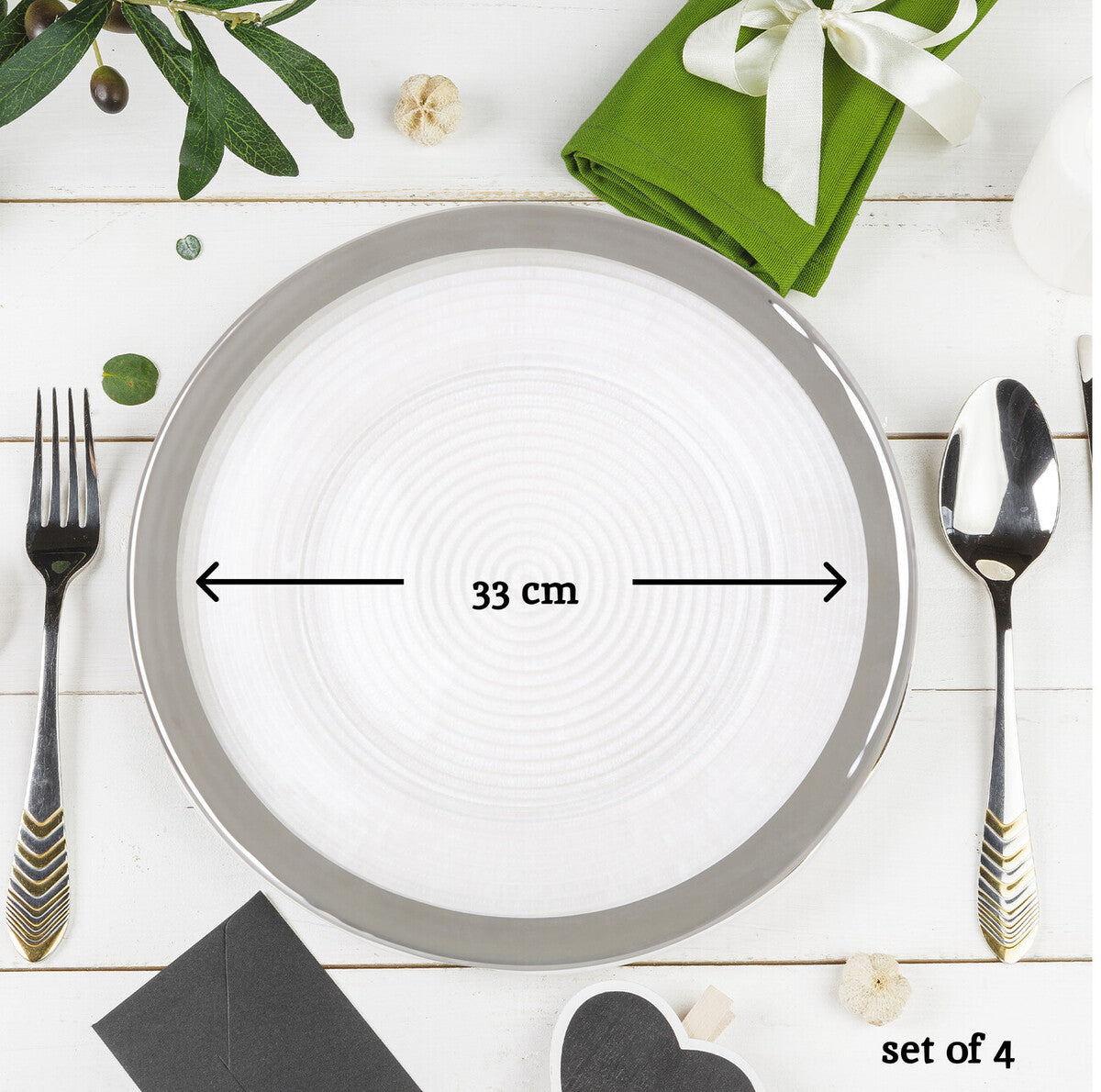 Set of Four 33cm Dia Embossed Charger Plates with Silver Rim | Ida