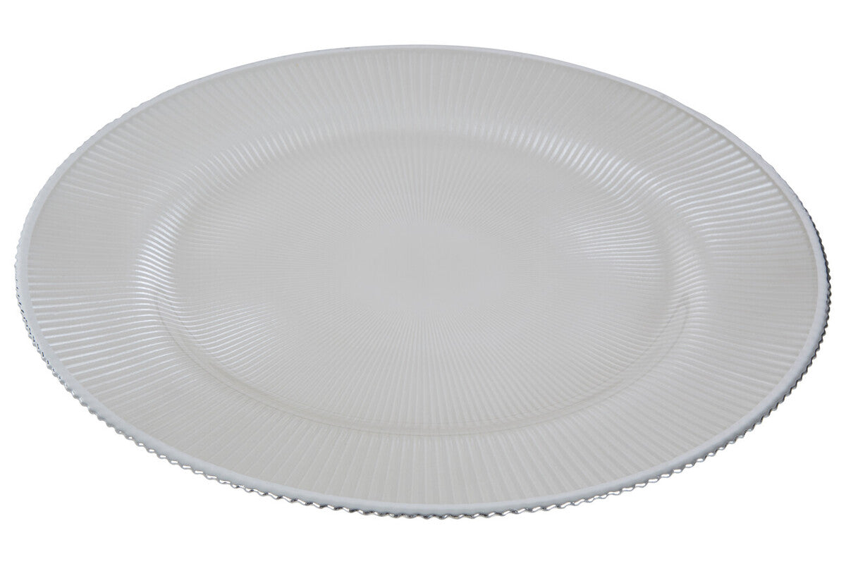 Set of Four 33cm Dia Embossed White Glass Charger Plates | Ida