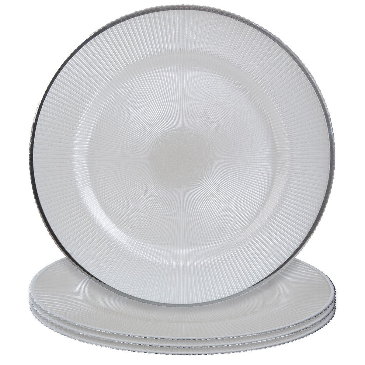 Set of Four 33cm Dia Embossed White Glass Charger Plates | Ida
