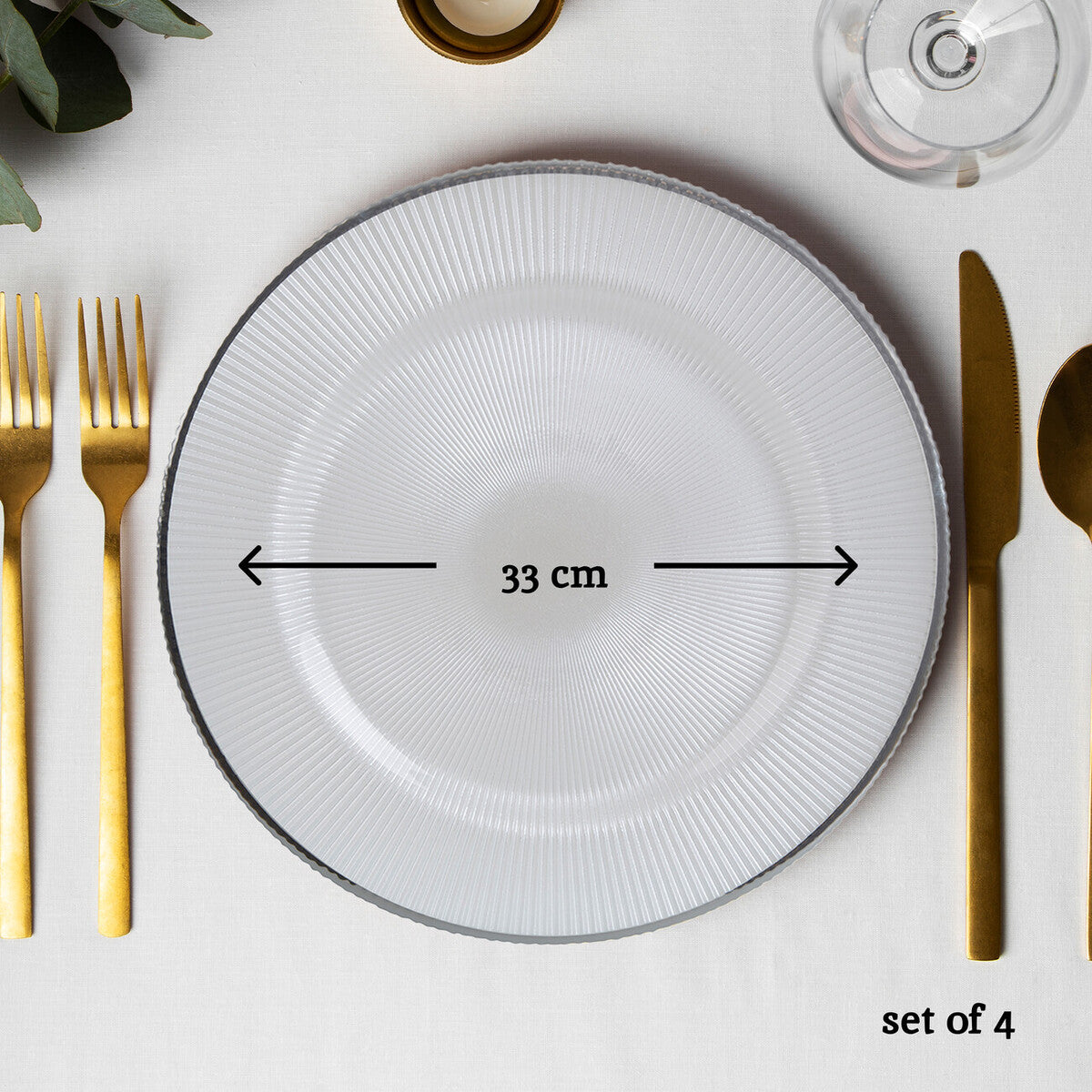 Set of Four 33cm Dia Embossed White Glass Charger Plates | Ida
