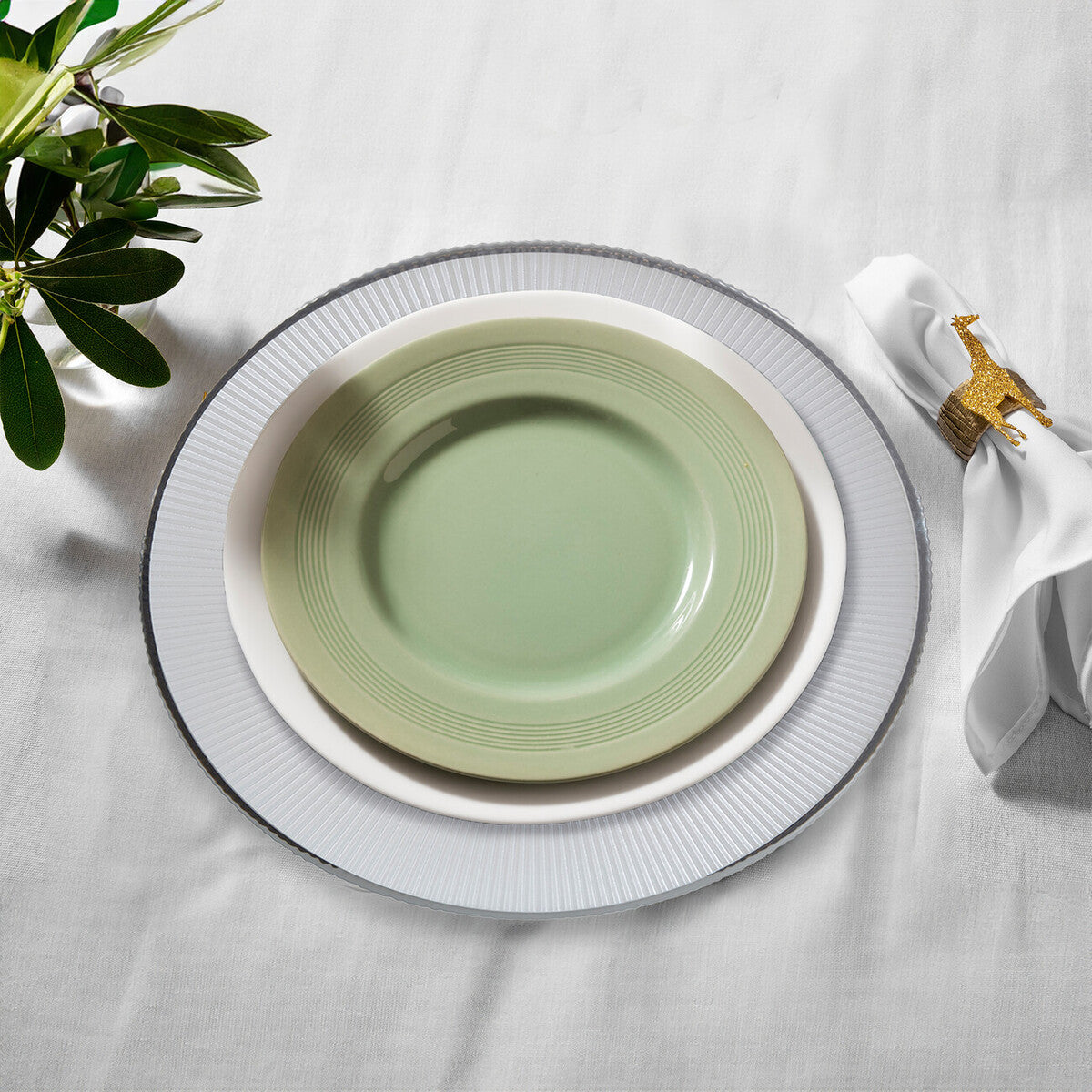 Set of Four 33cm Dia Embossed White Glass Charger Plates | Ida