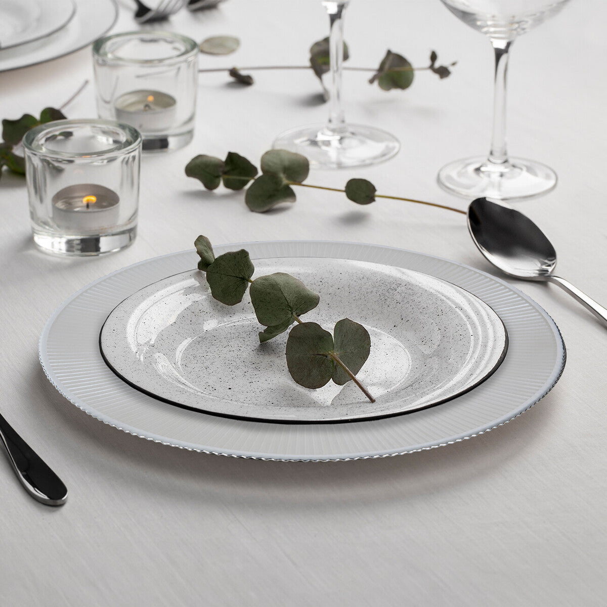 Set of Four 33cm Dia Embossed White Glass Charger Plates | Ida