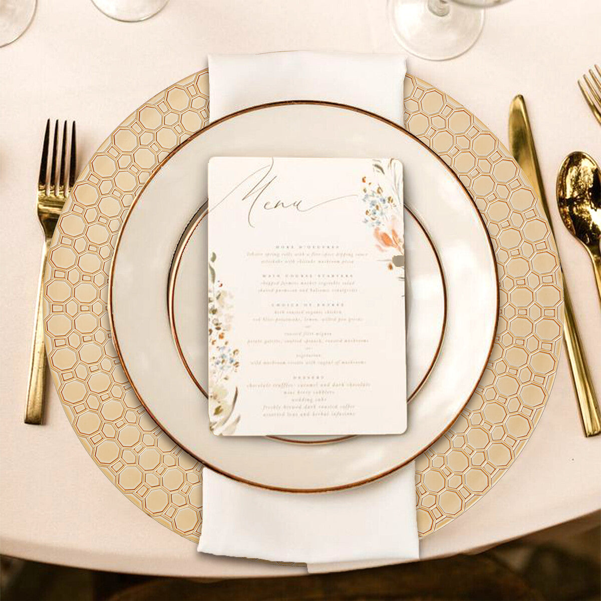 Gold Charger Plate with Octagon Pattern Rim | Dia